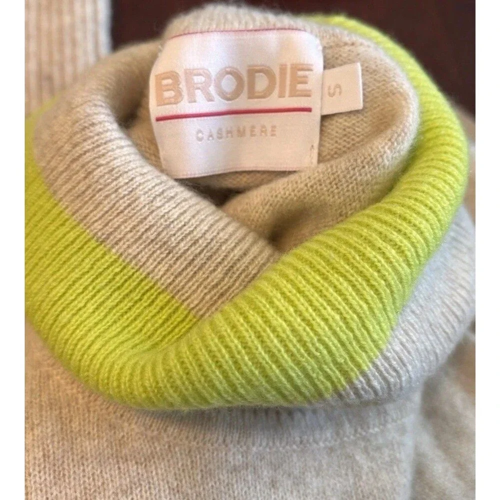 Brodie Cashmere 100% Cashmere Turtleneck Sweater Neon Lime Trim Beige Size S